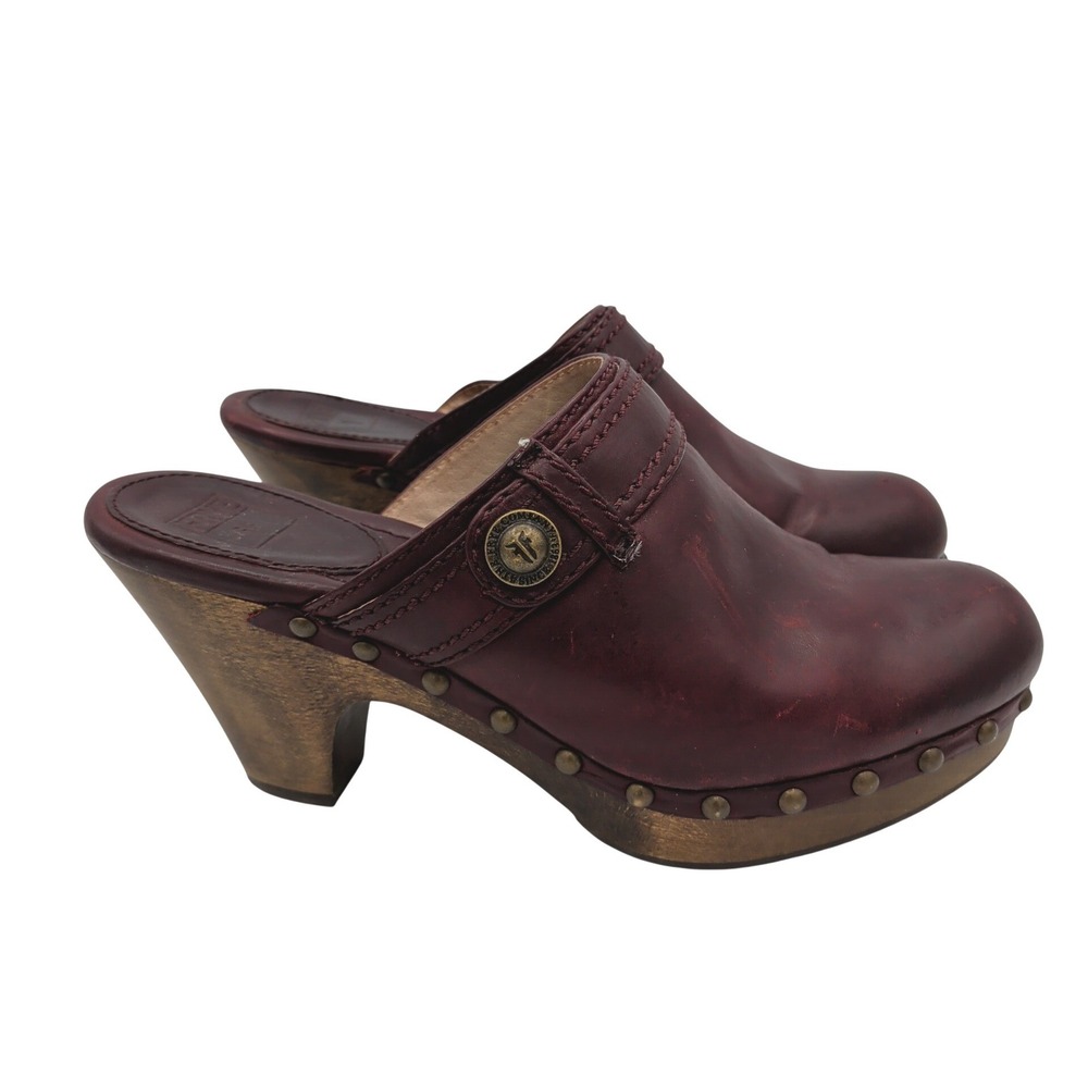 Frye Audra Button Clog Mules Burgundy Leather Studded Wood Heel Womens 8.5M